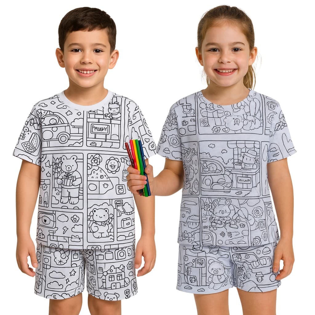 Kit 5 Pijama Infantil Para Colorir com Canetinhas Conjunto Para Pintar Baby Doll Lavável