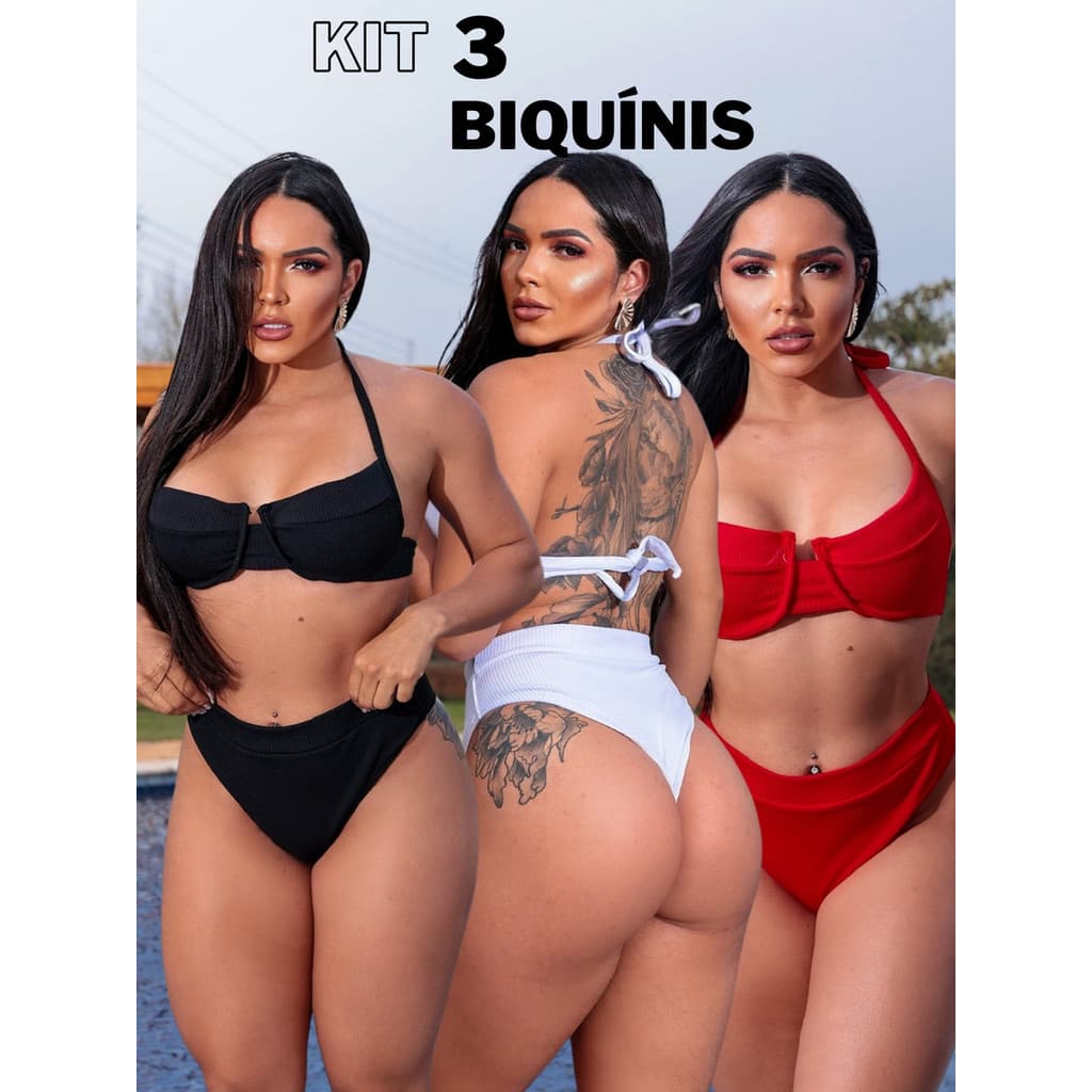 Kit 3 Biquínis Hot Pants Retro Bojo Meia Taça Cintura Alta