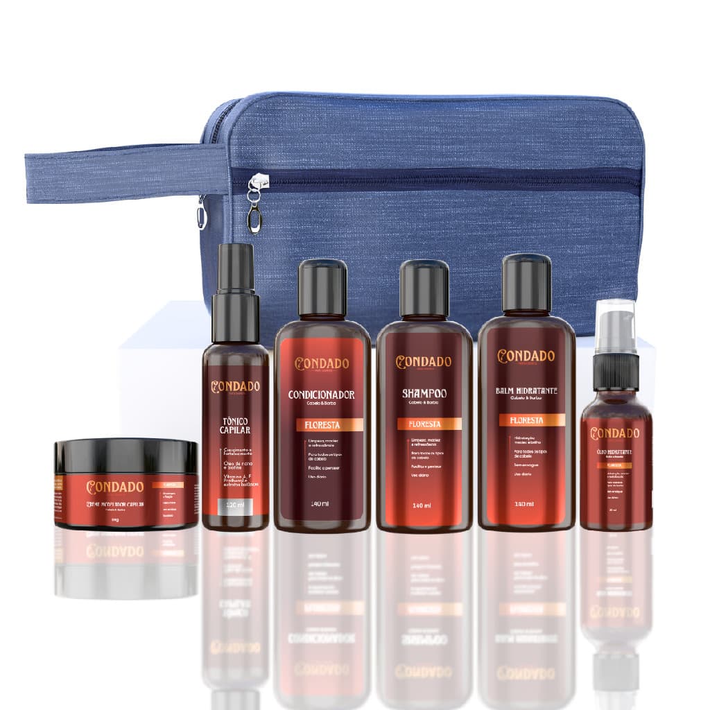 Kit Barba Floresta Shampoo Capilar Óleo Tônico Condicionador Balm Necessaire Azul Presente Masculino