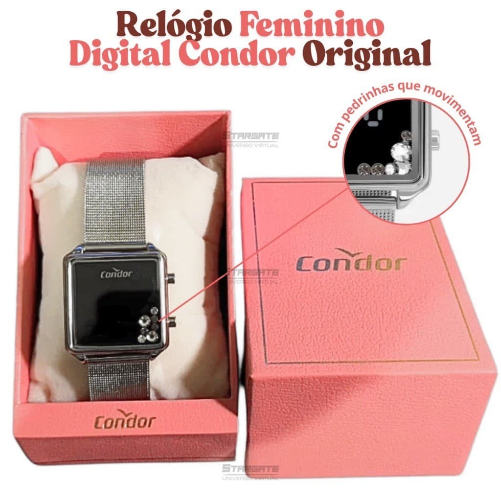 Relógio Feminino Condor Digital em Aço Inoxidável com Pedrinhas - COMD2BTAA/4K - Original