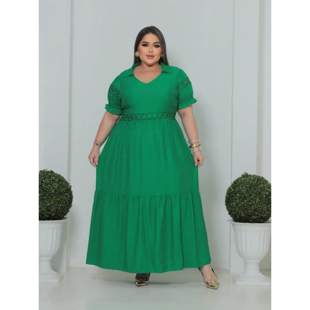 Vestido Longo Luxo  plus size liso viscomida com gola manga curto