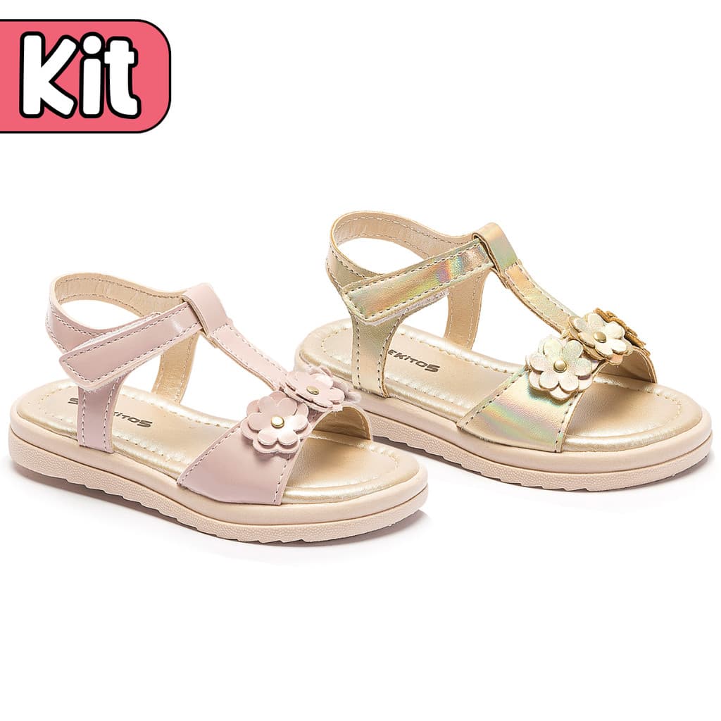Kit 2 Pares de Sandália Infantil Menina Verão Nude + Dourada Tamanho 22 ao 27 Sapekitos