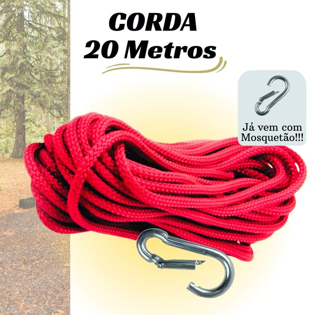 Corda Amarração 8mm x 20 Metros Pesca Polipropileno Náutica Cargas Camping Pesca Magnética  Com Mosquetão