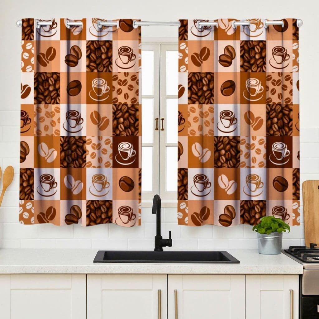 Cortina Cozinha Pequena Janela Decoração Varao Ilhos Simples Xicara Cafe Vitro Pia Moderna Marrom