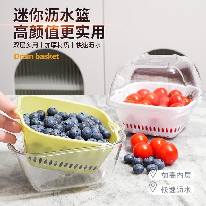 Cesta de drenagem transparente de camada dupla Cozinha Plástico Espessado Bacia de lavagem de vegetais Mini prato de lav