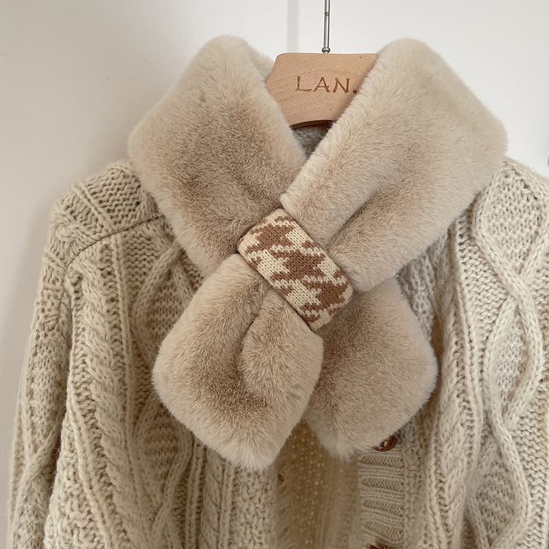 Versão Extra grande ~ simples All-Match Houndstooth imitação de pele de coelho bege pequeno cachecol grosso quente japon