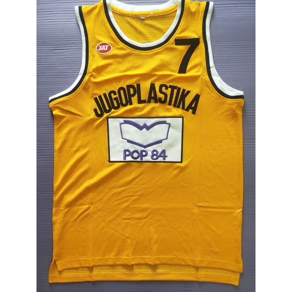 Versão do filme americano No. 7 KUKOC Amarelo Bordado Malha Respirável Esportes Aptidão Camisa Gola Redonda
