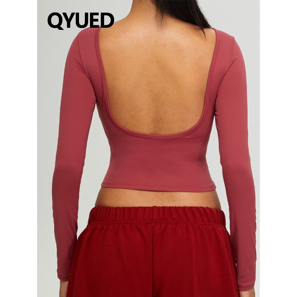 Grande U linda volta Yoga Wear topo feminino de manga comprida treinamento Fitness estiramento esportes camiseta ao ar l