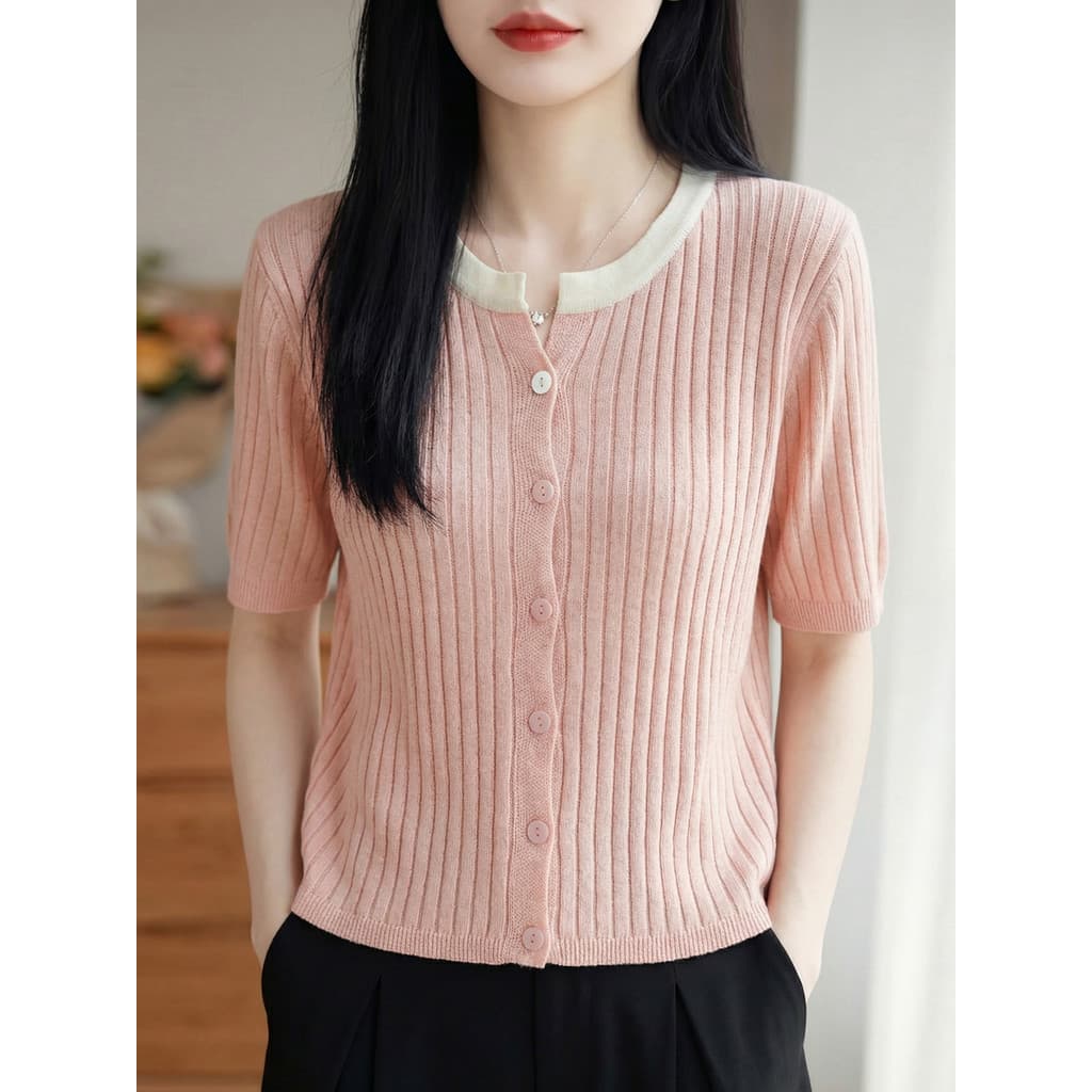 Estilo suave contraste cor de malha cardigan feminino manga curta em torno do pescoço cardigan curto cintura alta jaquet