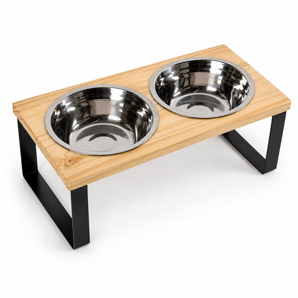 Comedouro Elevado Duplo Nikaia Pet Madeira E Tigelas Inox Cães E Gatos