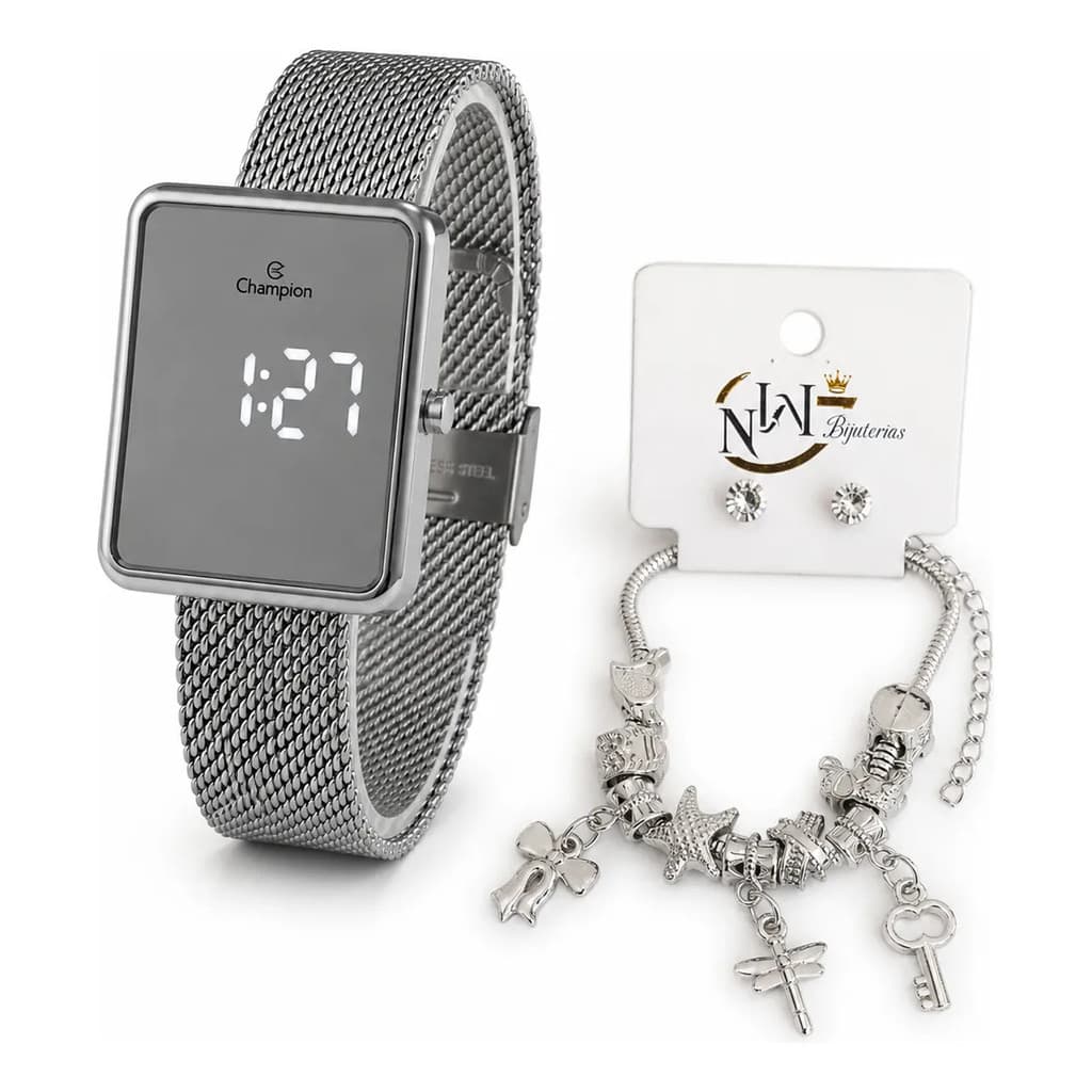 Relógio Digital Led Champion Pequeno 33mm Espelhado Com Kit PULSEIRA E BRINCO LINDO PRESENTE