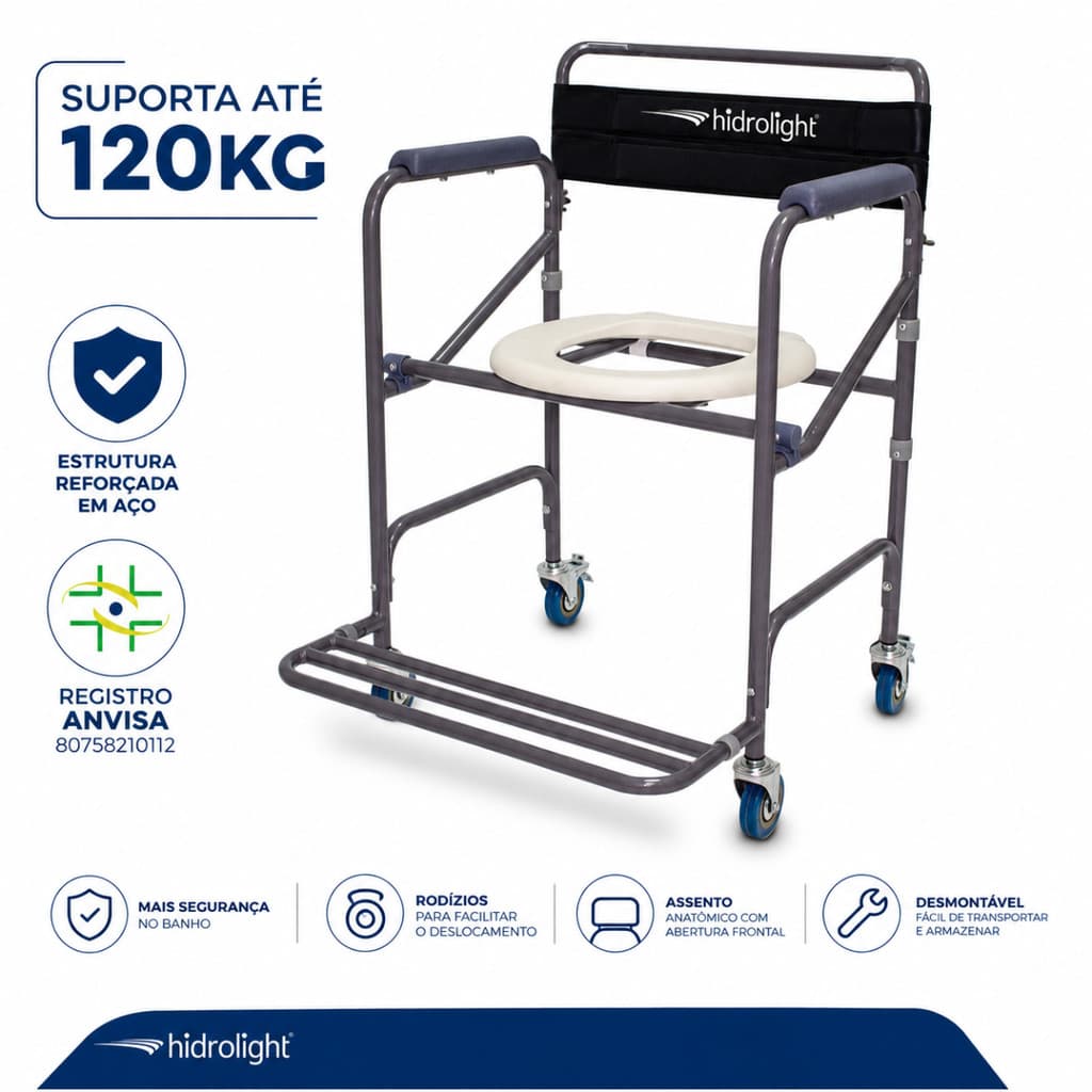 Cadeira de Banho para Idoso Até 120kg Desmontável Dobrável em Aço Hidrolight Higiênica Reforçada