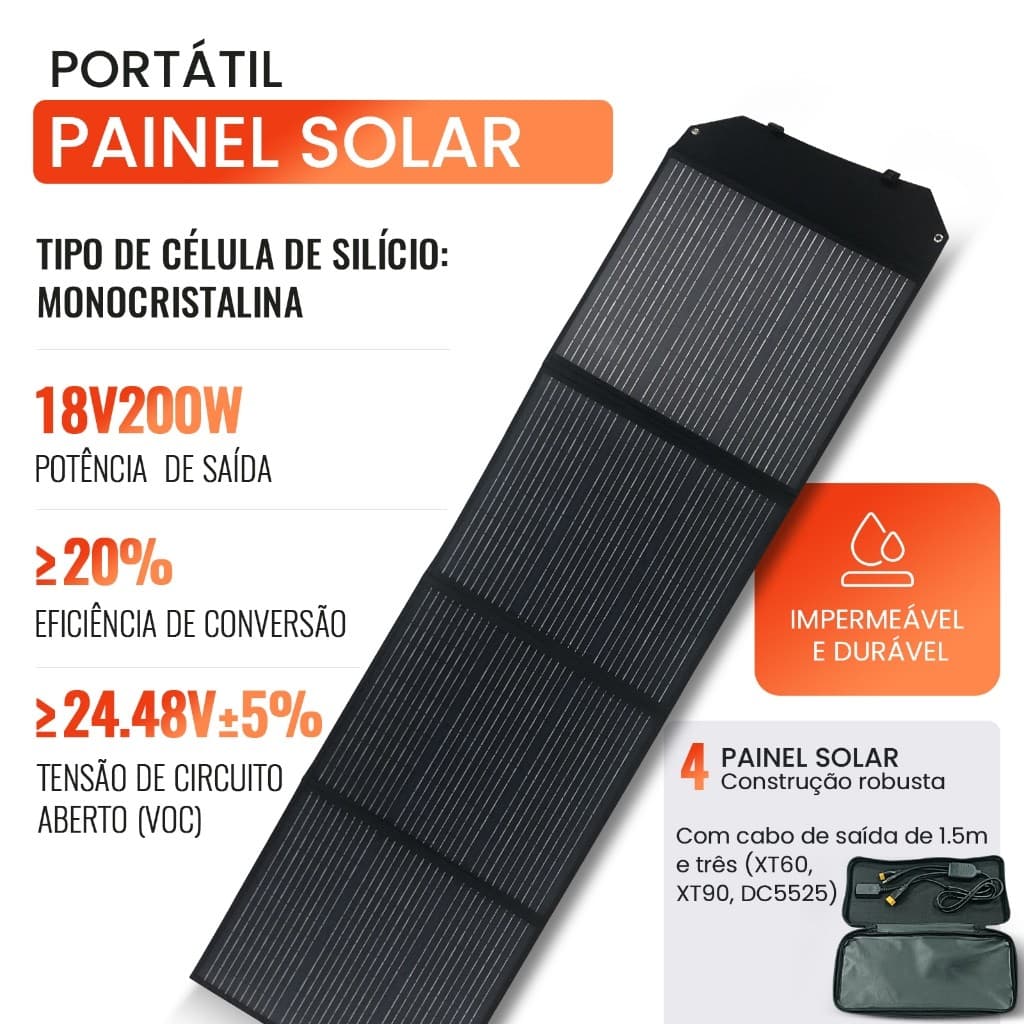 Painel Solar Portátil De Silício Monocristalino De 200 W/100 W - à Prova d'água Dobrável e Com Cabo.