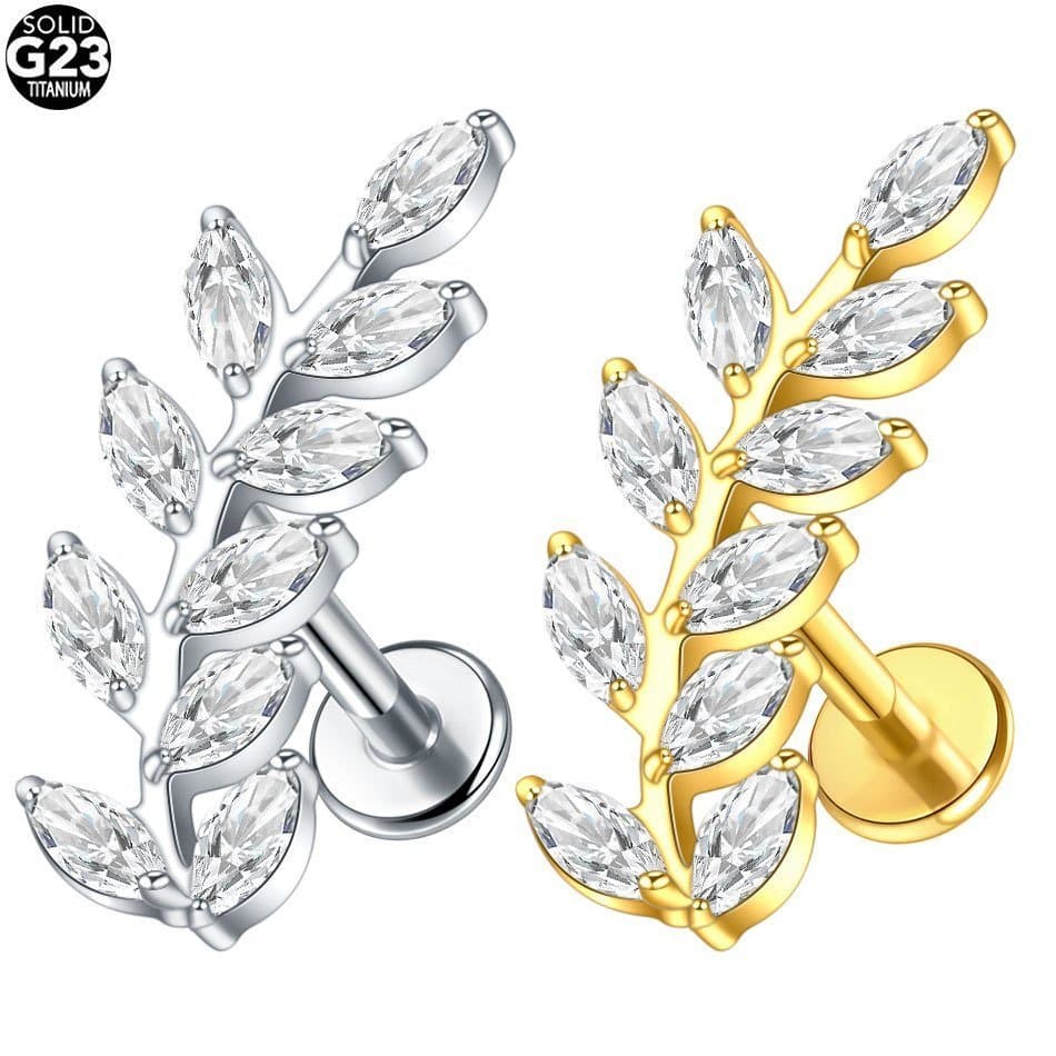 SWANJO Piercing Labret de Titânio com Zircônia em Forma de Folha, Rosca Interna, para Cartilagem, Hélice, Tragus, Brinco