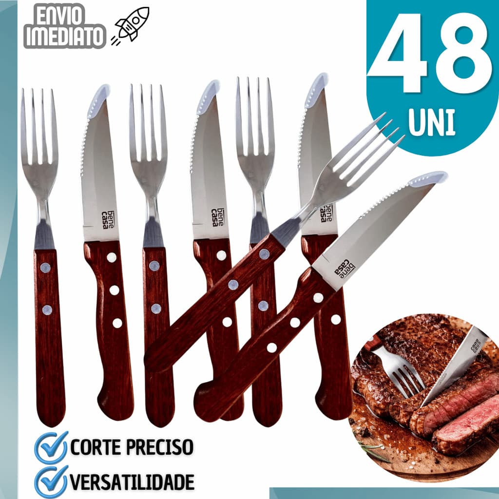 24 / 36 ou 48 Peças Jogo de Talheres Churrasco Outback Inox Cabo Madeira Premium Faca e Garfo Alta Durabilidade