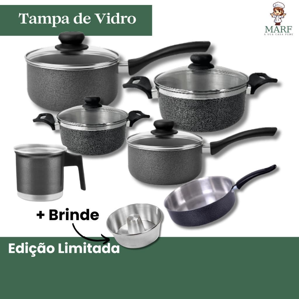 🖤 Panelas em OFERTA Jogo 6 Peças com Pintura Eletrostática + Bônus Tampa de Vidro | Edição Limitada com Forma de Pudim