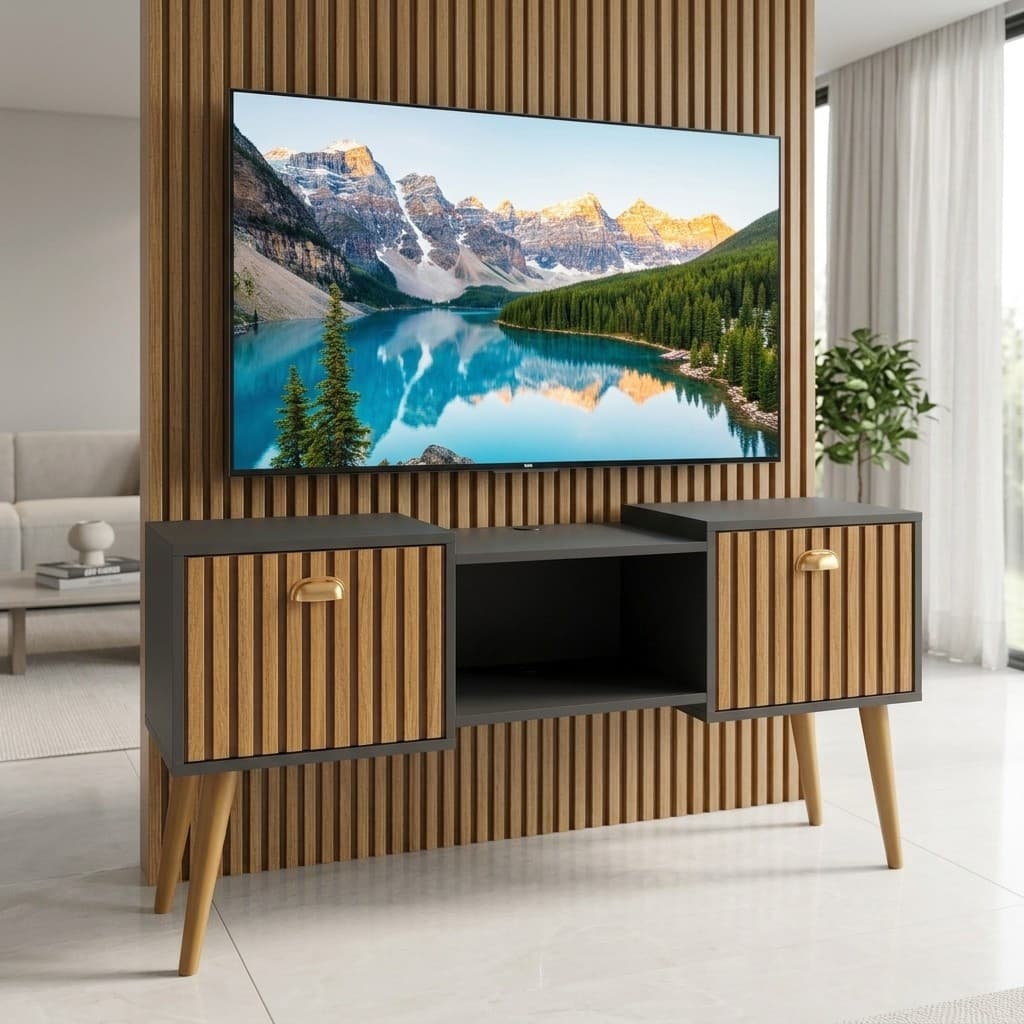 Rack para TV Até 48 Polegadas Orfeu Malbec Wood Retrô 2 Porta 1 Nicho - PRETO RIPADO