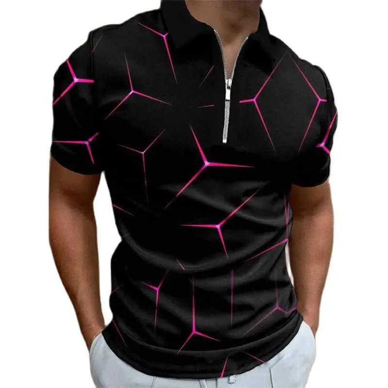 Nova Camisa Polo Masculina de Manga Curta com Estampa 3D Dinâmica, Gola com Zíper, Camiseta Respirável de Alta Qualidade