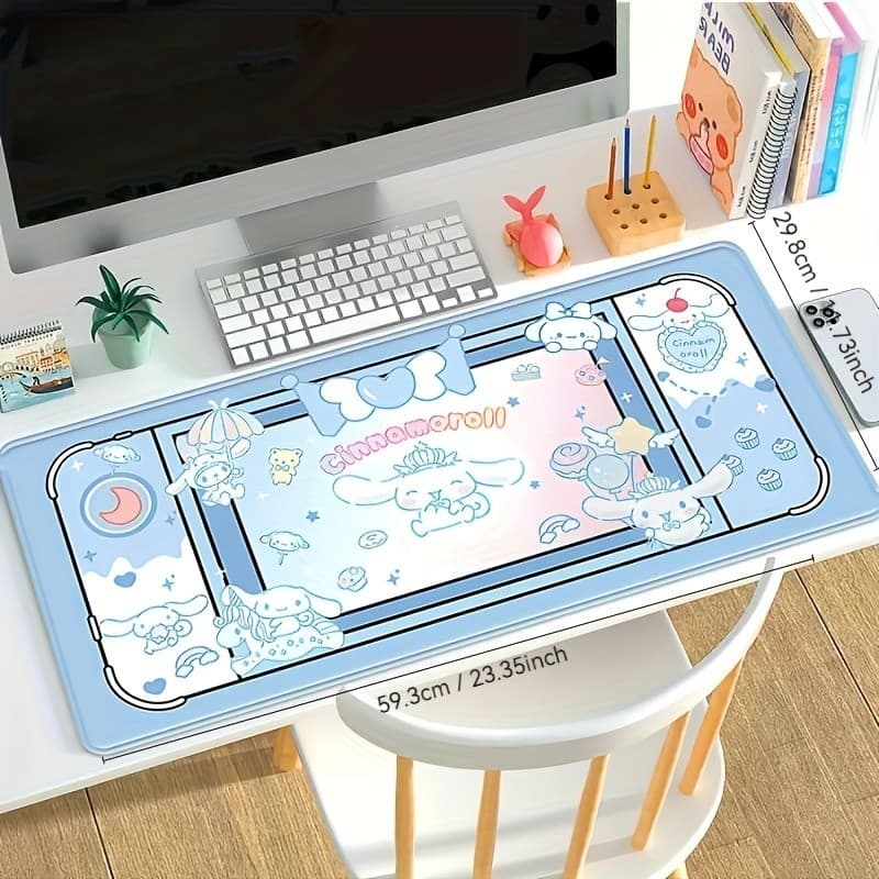 Mousepad Grande Cachorrinho Cinnamoroll Pastel Azul Base Antiderrapante Superfície Lisa para Notebook PC