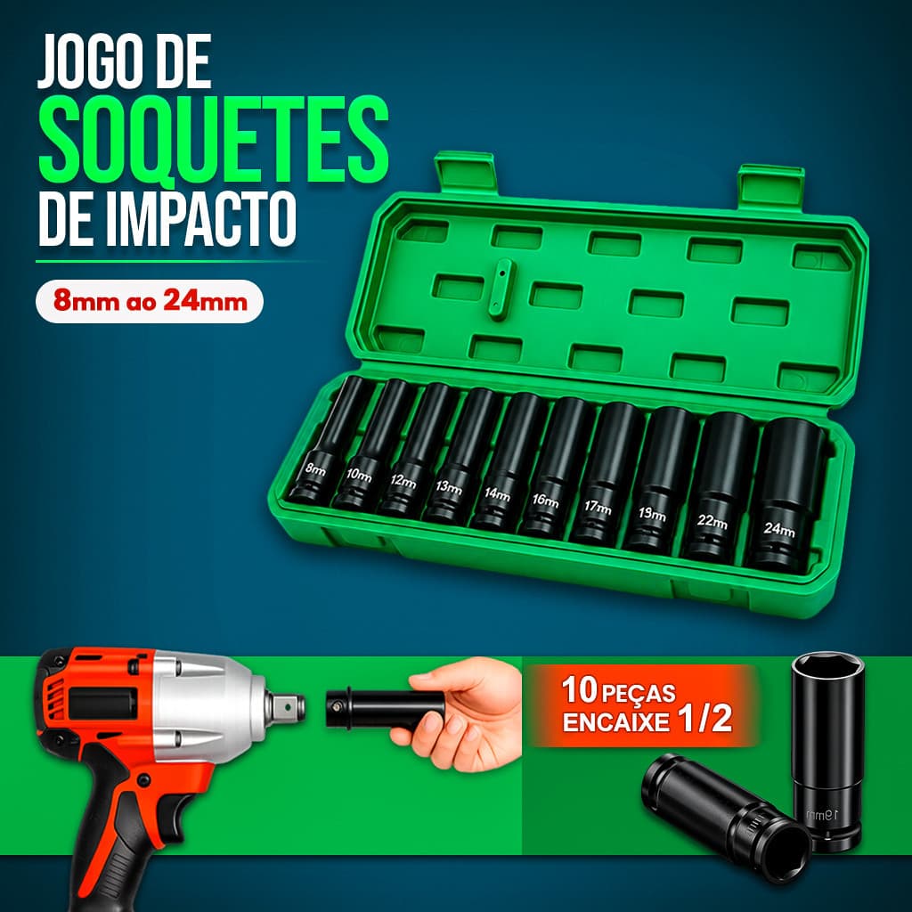 Kit Maleta Soquete de Impacto Material de Aço Carbono Alta Qualidade Soquete Sextavado Longo