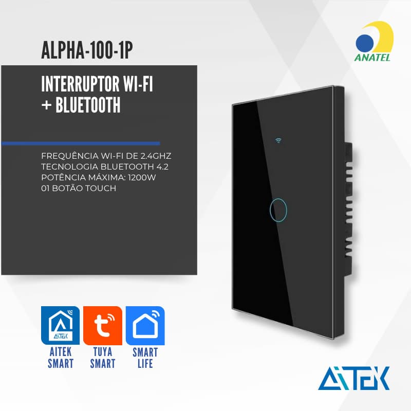 INTERRUPTOR WIFI TOUCH 1 TECLA APP TUYA PRETO ALPHA-100-1P AITEK