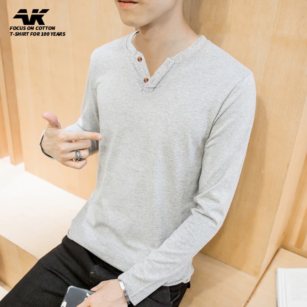 2026 primavera verão versão coreana na moda masculina gola de botão de manga comprida com decote em V camiseta de algodã