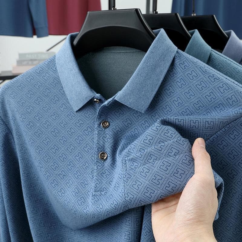 Homens 2025 primavera outono novo estilo camisa POLO de manga comprida vestido de pai de meia-idade bolso Real roupas su