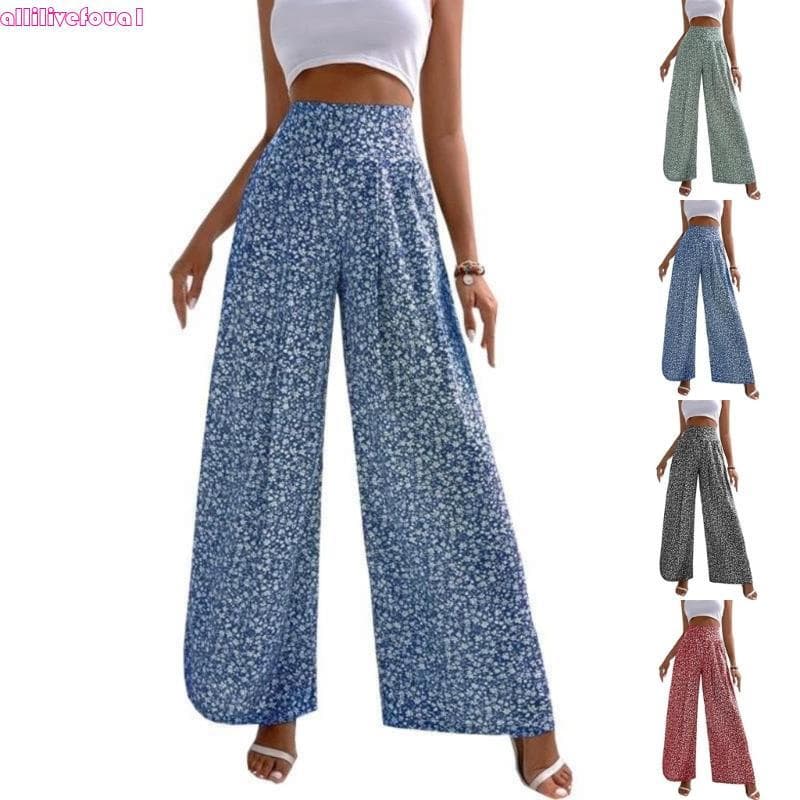 allilivefoua1 Calça Feminina Estampa Floral, Perna Larga, Comprida Fashion
