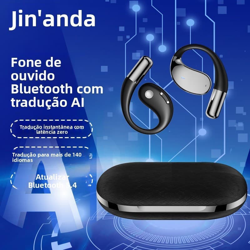 Fones de ouvido Bluetooth com função de tradução inteligente por IA, design aberto, não intra-auricular, bateria de ultr