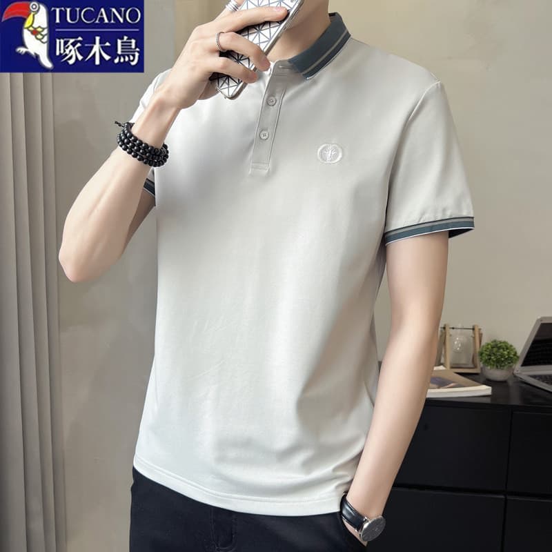 Woodpecker gelo seda manga curta camiseta masculina verão lapela fina camisa polo High-End Casual verão wear Street wear
