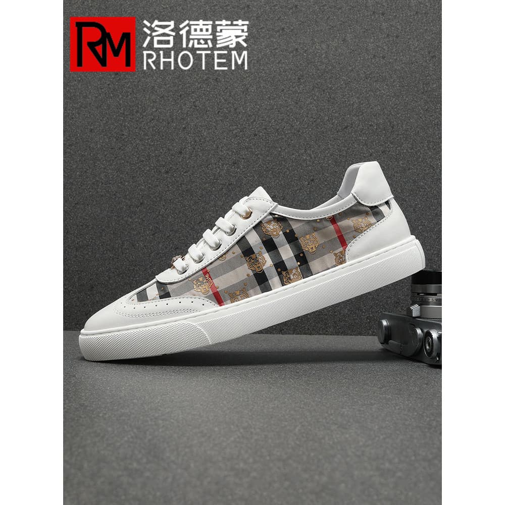 Francês RHOTEM tigre cabeça bordado tênis de lona masculino verão respirável couro pano costura leve sola macia sapatos
