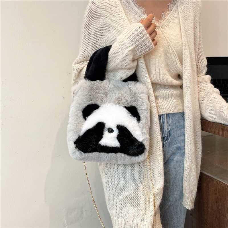 Bonito Panda saco de pele feminino 2024 novo estilo nicho na moda saco de pelúcia versão coreana High-End textura saco d