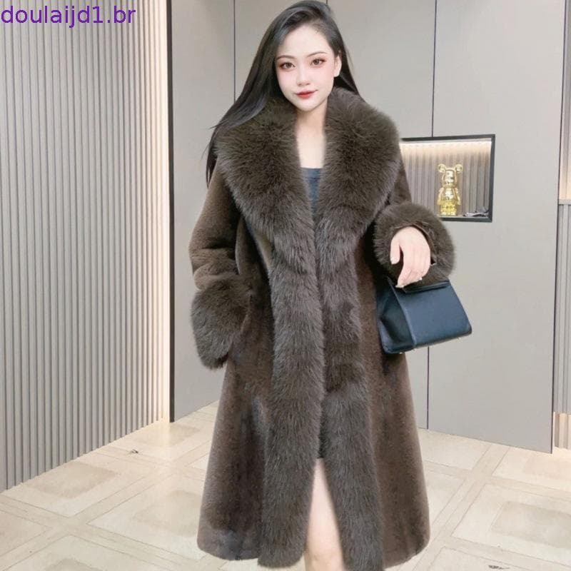 Versão Coreana Gola De Pele Engrossado Jaqueta Quente Feminina Outono Inverno Longo Simples Versátil Casaco