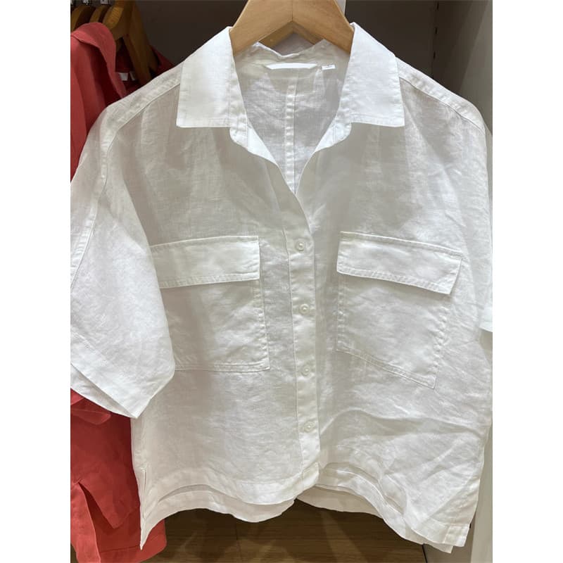 Camisa feminina de cânhamo francês com gola meia aberta/camisa de manga curta 26 primavera verão novo estilo Top Cargo 4