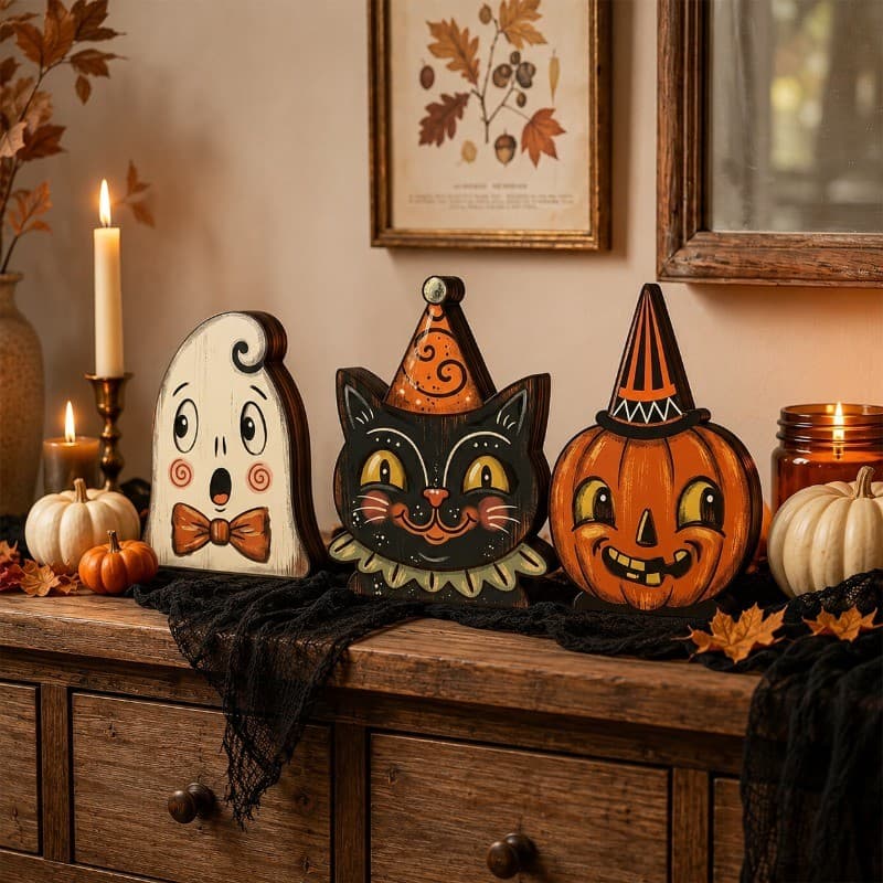Conjunto de 3 peças de decoração de interiores retrô de Halloween - exibição de prateleira de madeira estilo Country, co