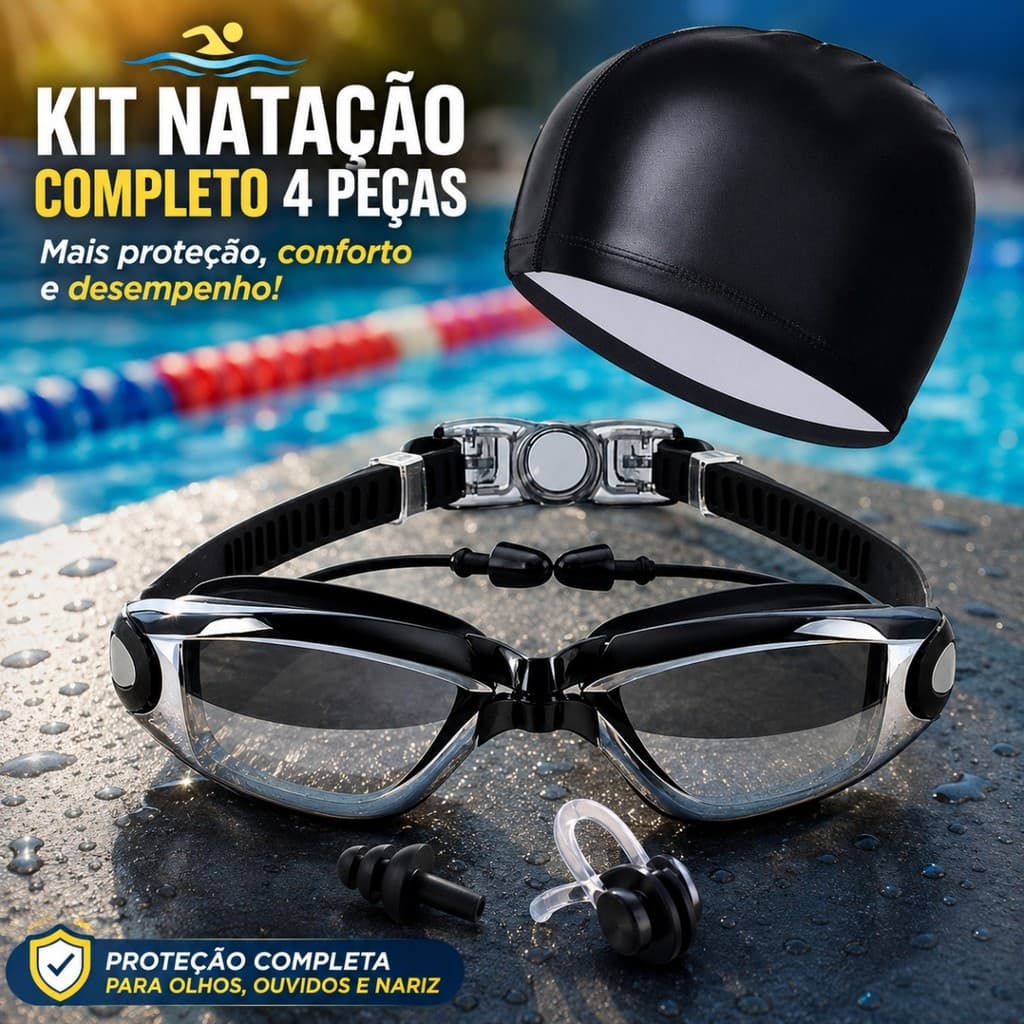 Kit De Natação Completo 4 Peças Óculos Touca Tampões Clipe Antiembaçante Proteção UV Ajustável Adulto Infantil