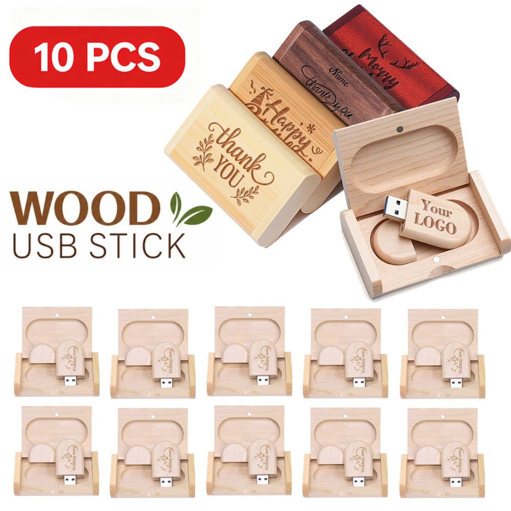 10 Pçs De Madeira USB 2.0 Flash Drive Com Caixa De Presente Pendrive Portátil 8GB 16GB 32GB 64GB 128GB U Disco Armazenam