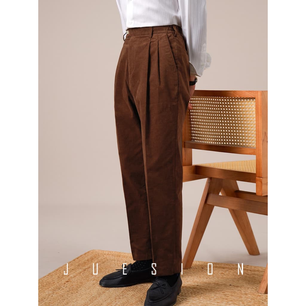 Jucean Retro veludo calças casuais masculinas em linha reta solta italiana elástica negócios duplo plissado terno calças