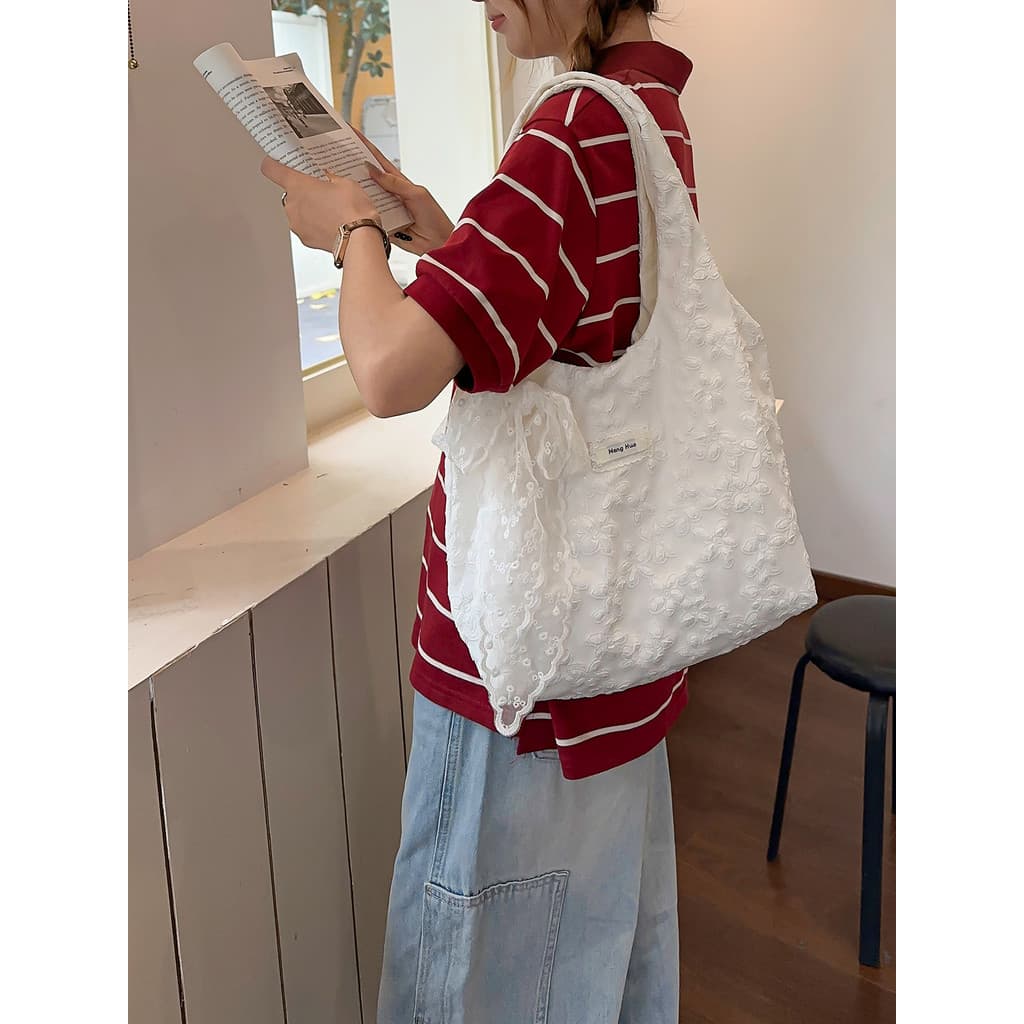 Bolsa Tote feminina 2026 novo estilo estilo coreano bolsa de ombro de renda fresca doce menina primavera verão bolsa diá