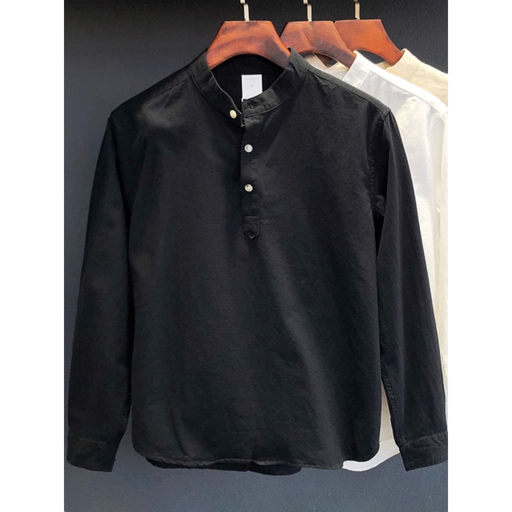 Camisa masculina Henry colarinho topo 2026 primavera outono novo estilo High-End moda cor sólida simples respirável pulô