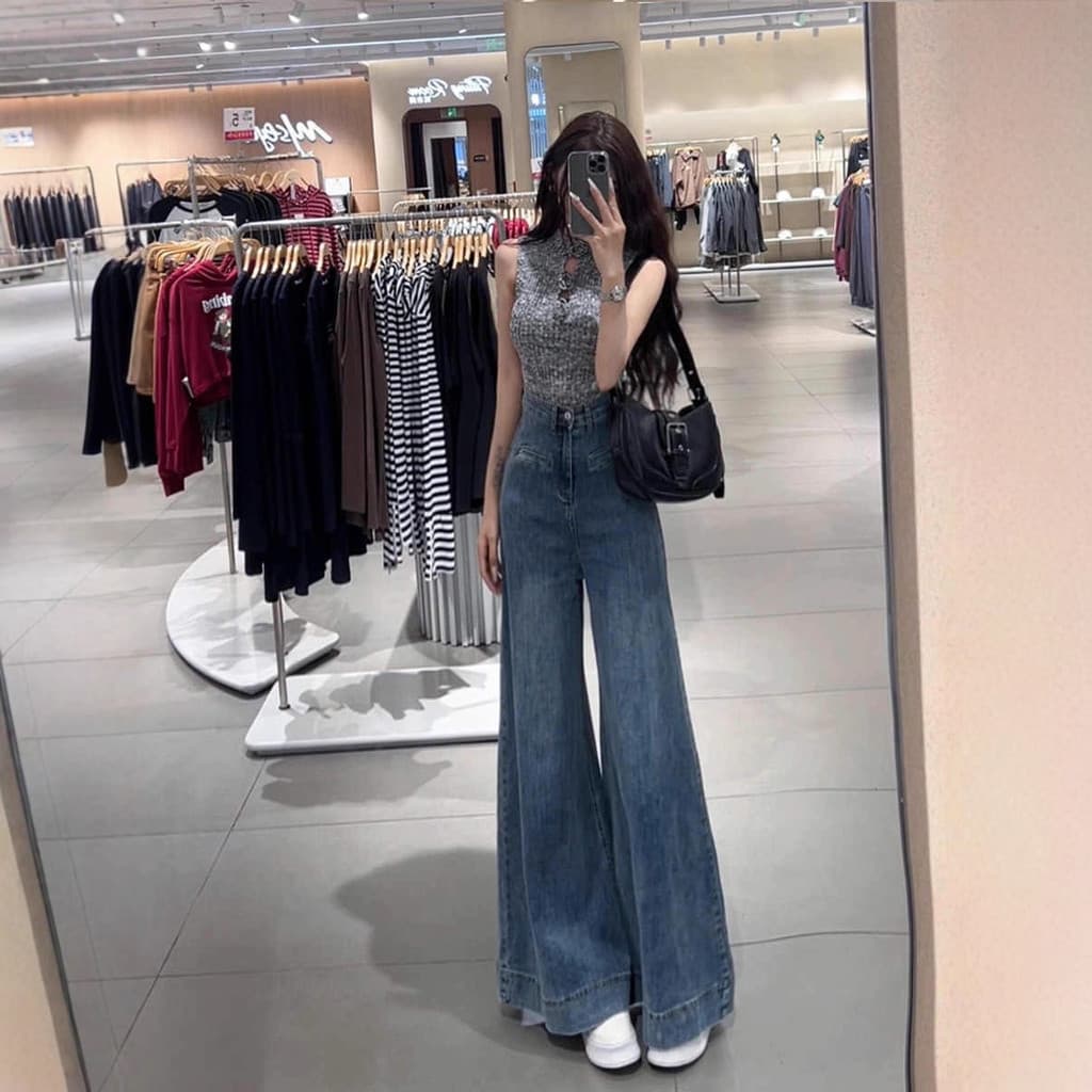 Calças jeans femininas azuis retrô, de corte solto e cintura alta, com pernas largas e efeito emagrecedor, versáteis e c