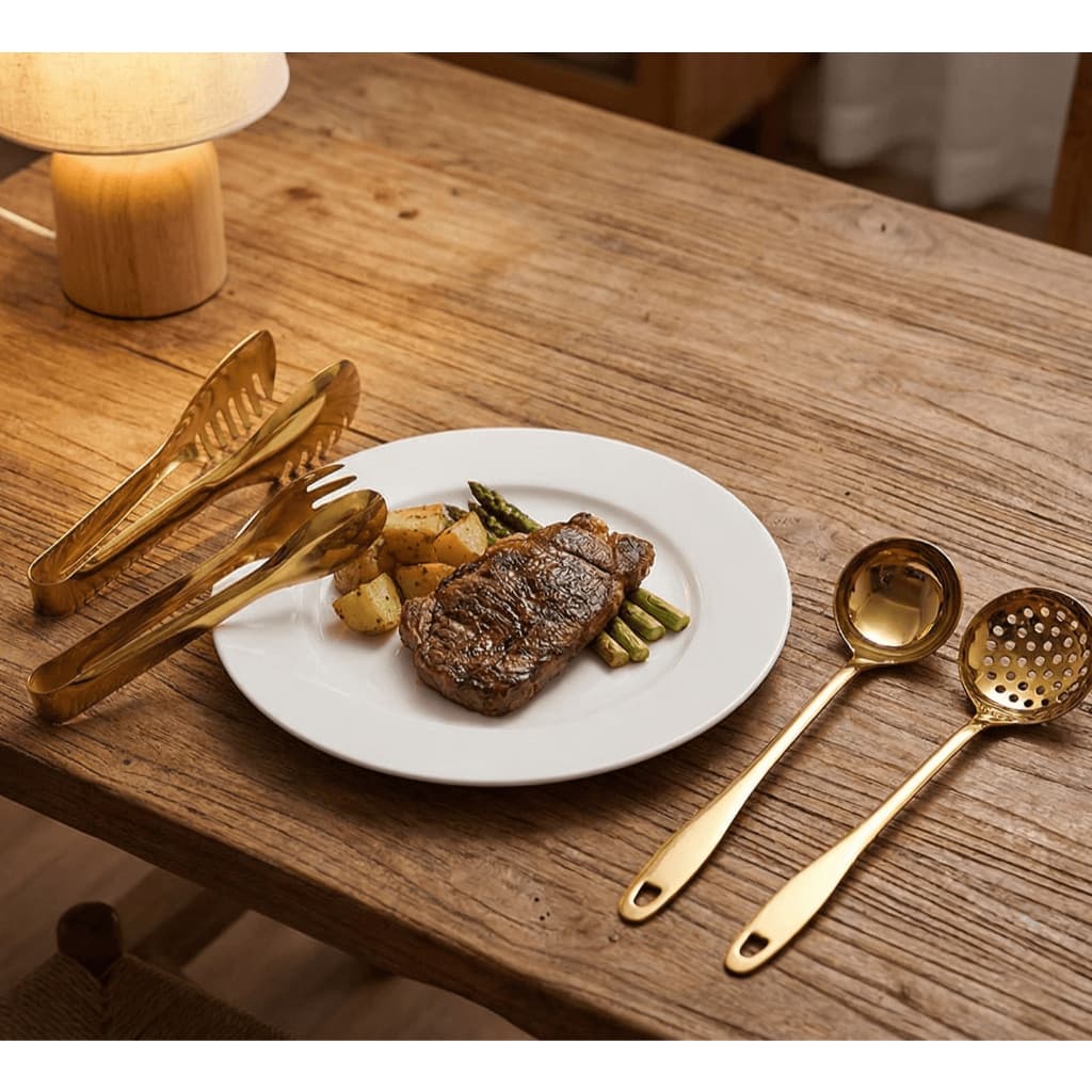 Kit 4 Peças Utensílios De Servir Aço Inox Pinça Para Pão Bife Dourado