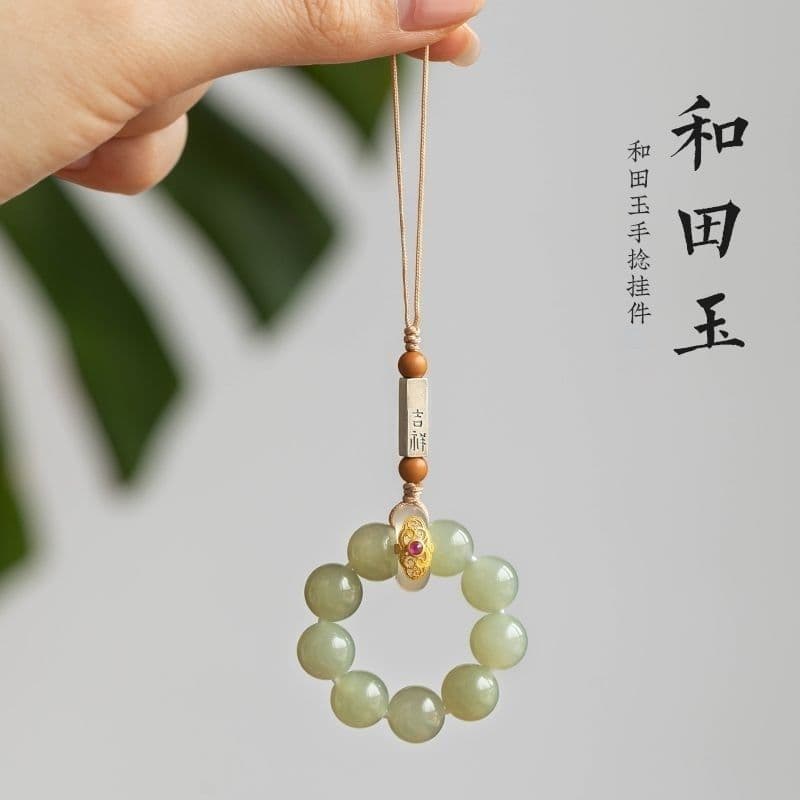 Pingente de corrente para celular em jade natural de Hetian, anel de contas de jade, cordão anti-queda torcido à mão, ac
