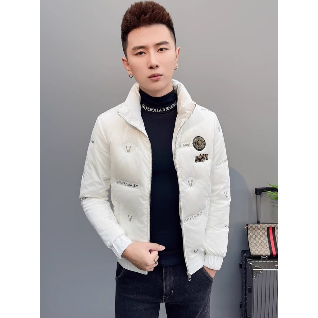 Jaqueta leve masculina inverno novo estilo superfície brilhante sem enxágue impresso juventude moda Casual bonito gola a