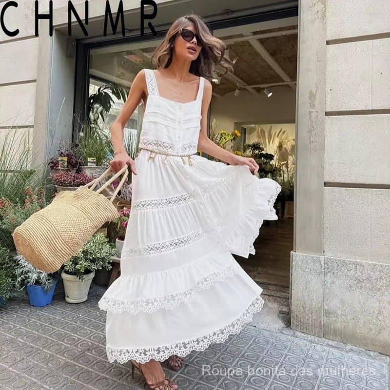 CHNMR Vestido Maxi Casual de Verão Branco, Modelo A-line, Com Detalhes Franzidos, Elegante, Decote Quadrado, Sem Mangas,