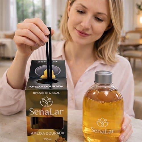 Difusor Aromas Ameixa Dourada 250ml Fragrância Marcante Longa Duração Design Elegante Dourado Ambiente Perfumado