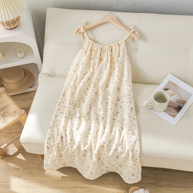 Sling Nightdress feminino verão fio de algodão pijamas 2025 novo estilo verão senhoras solto meados de comprimento estil