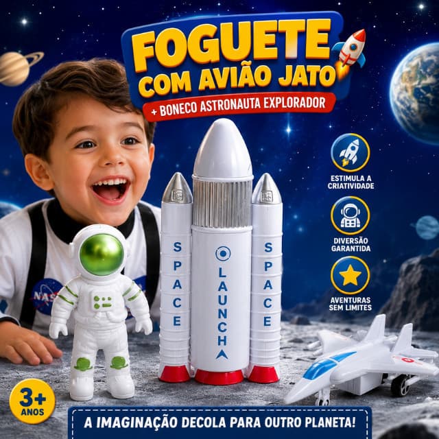 Foguete Espacial Infantil com Astronauta e Avião Jato | Brinquedo Educativo +3 Anos | Certificado INMETRO