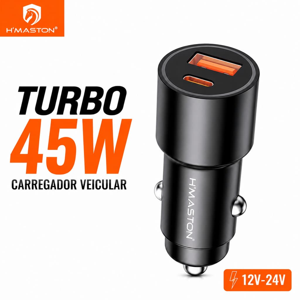 Carregador Veicular turbo H'maston L09  TIPO C + USB 45W Turbo Carregamento rápido PD 25W QC 3.0 20W