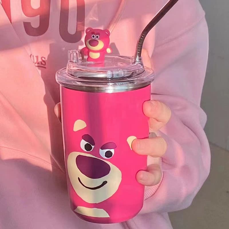 Caneca Térmica de 450ml com Estampa de Urso Morango em Aço Inoxidável 304, Caneca de Café Fofa Kuromi Kittys Cat